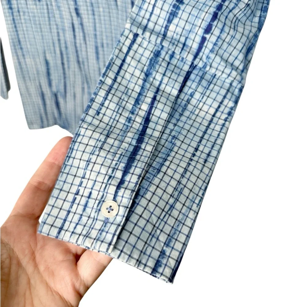 Tory Burch Popover Blouse Size 2 Blue Grid Ikat Print Coastal Prep Barrel Cuffs
